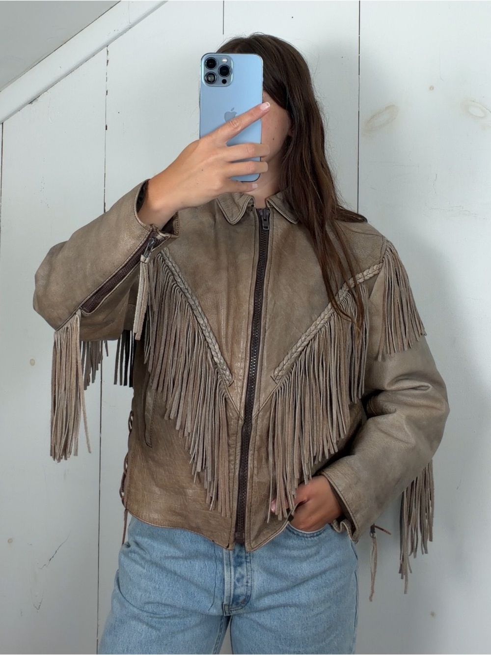 Vintage Genuine Leather Fringe Western Jacket Women’s Large Braided Yoke Patina